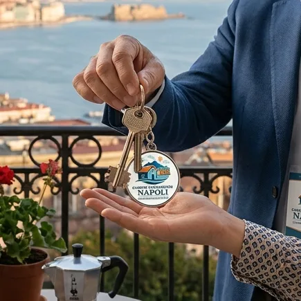 Consegna delle chiavi di casa su un balcone affacciato sul golfo