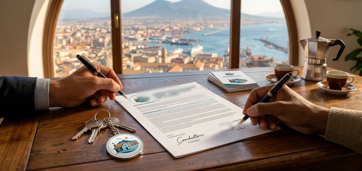Firma del contratto di affitto con le chiavi sul tavolo e vista su Napoli