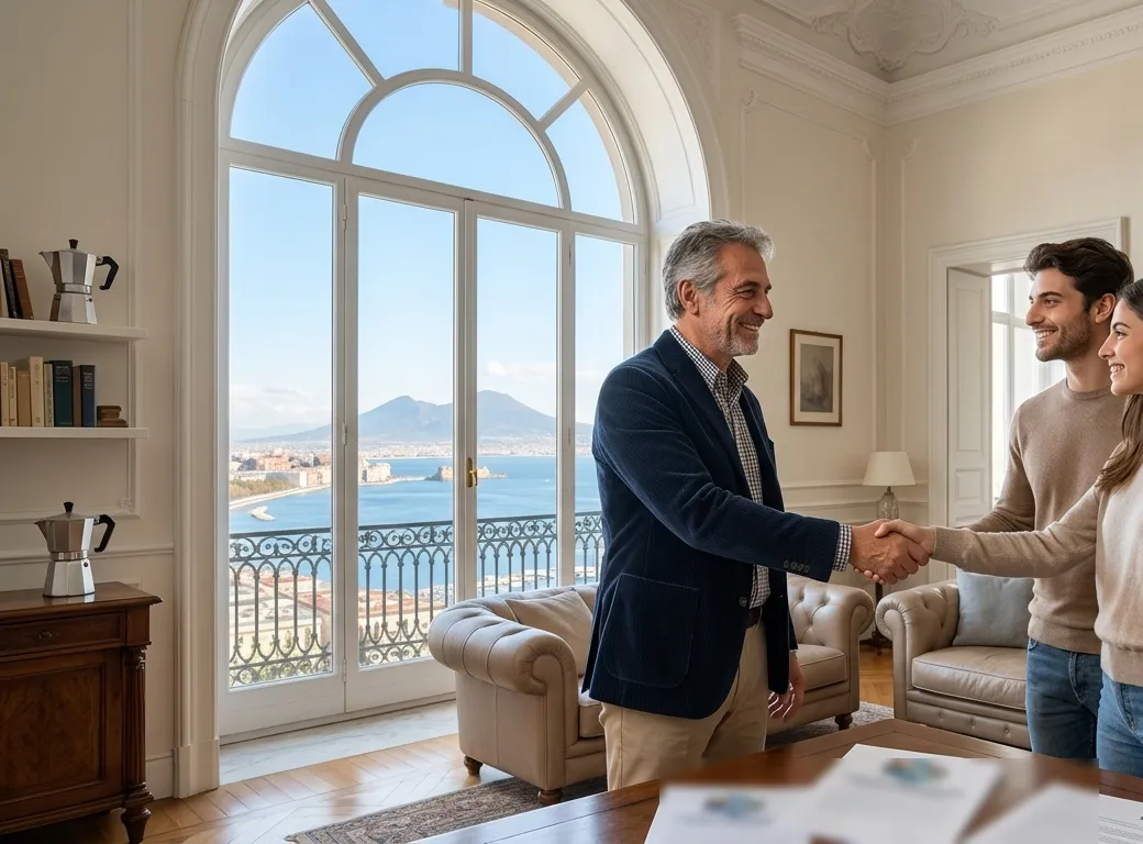 Proprietario e giovane coppia si stringono la mano in un appartamento con vista sul golfo