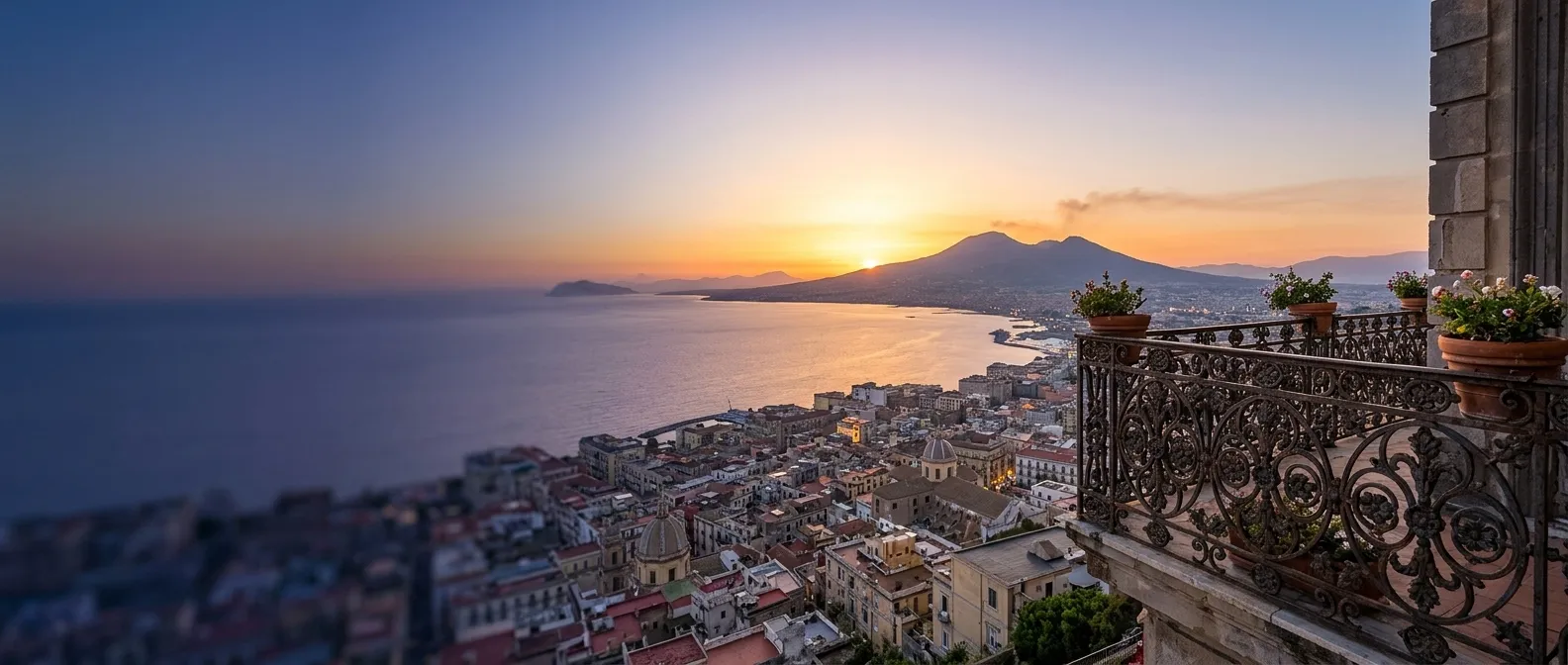 Il golfo di Napoli e il Vesuvio all'alba visti da un balcone
