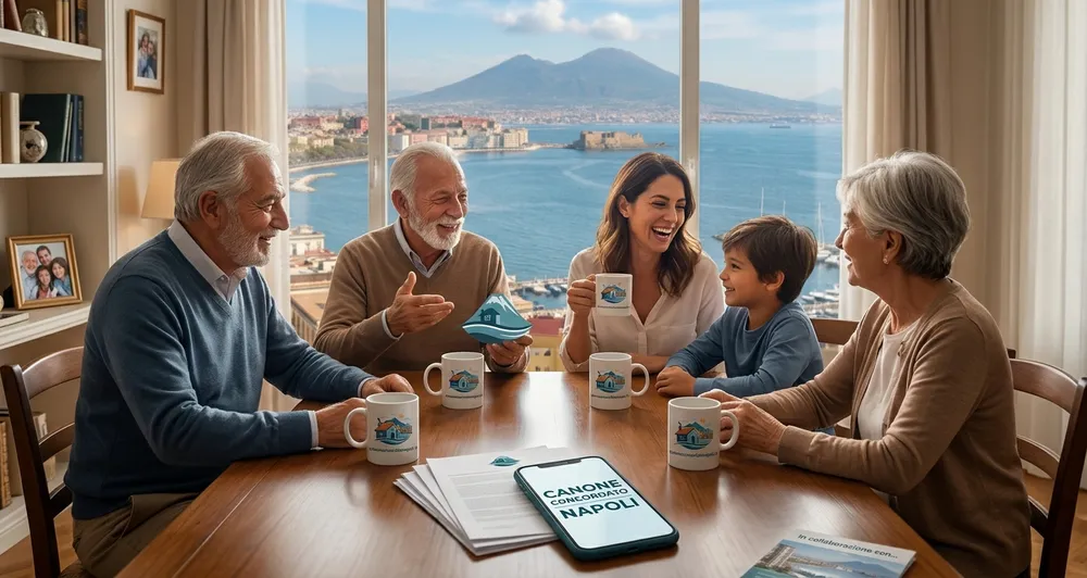 Famiglia napoletana intorno al tavolo con vista sul golfo