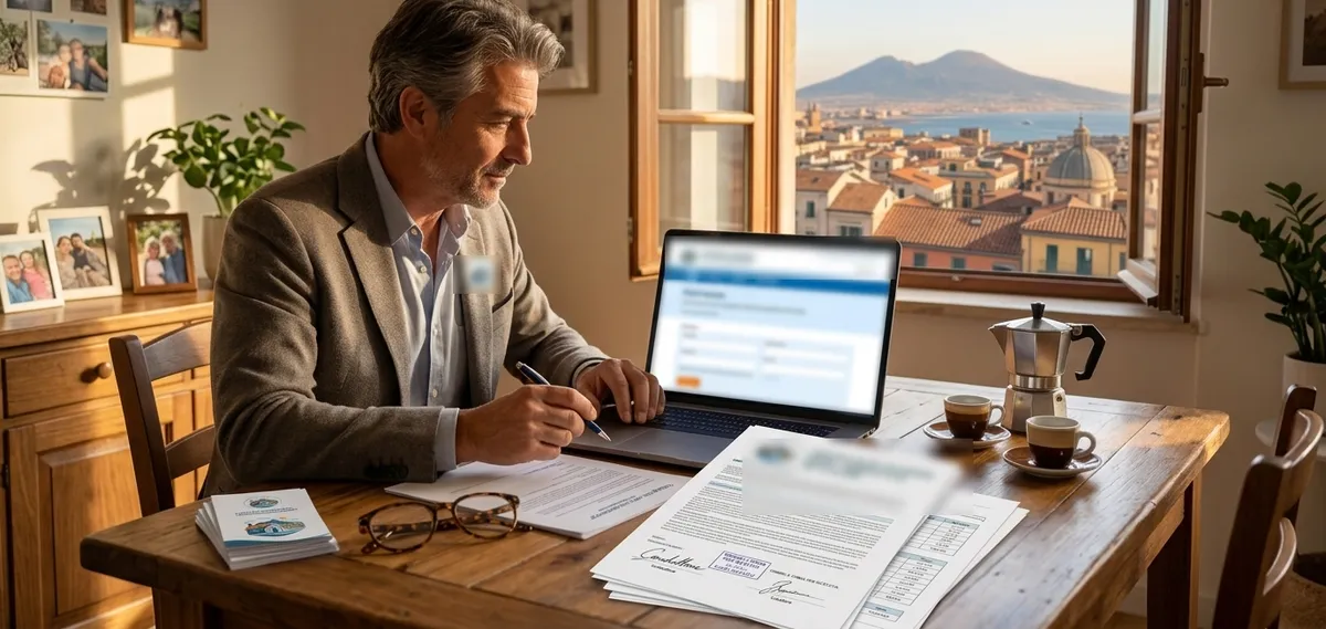 Un uomo registra il contratto online dal portatile